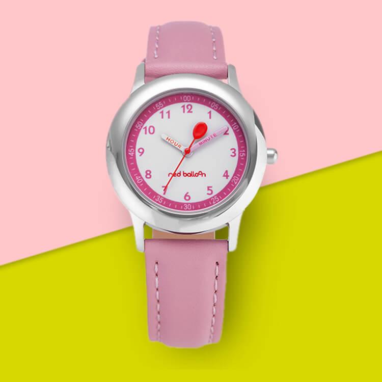Red Balloon Time Teacher Girls Basic Silver Stainless Steel Pink Leather - ewatchfactory